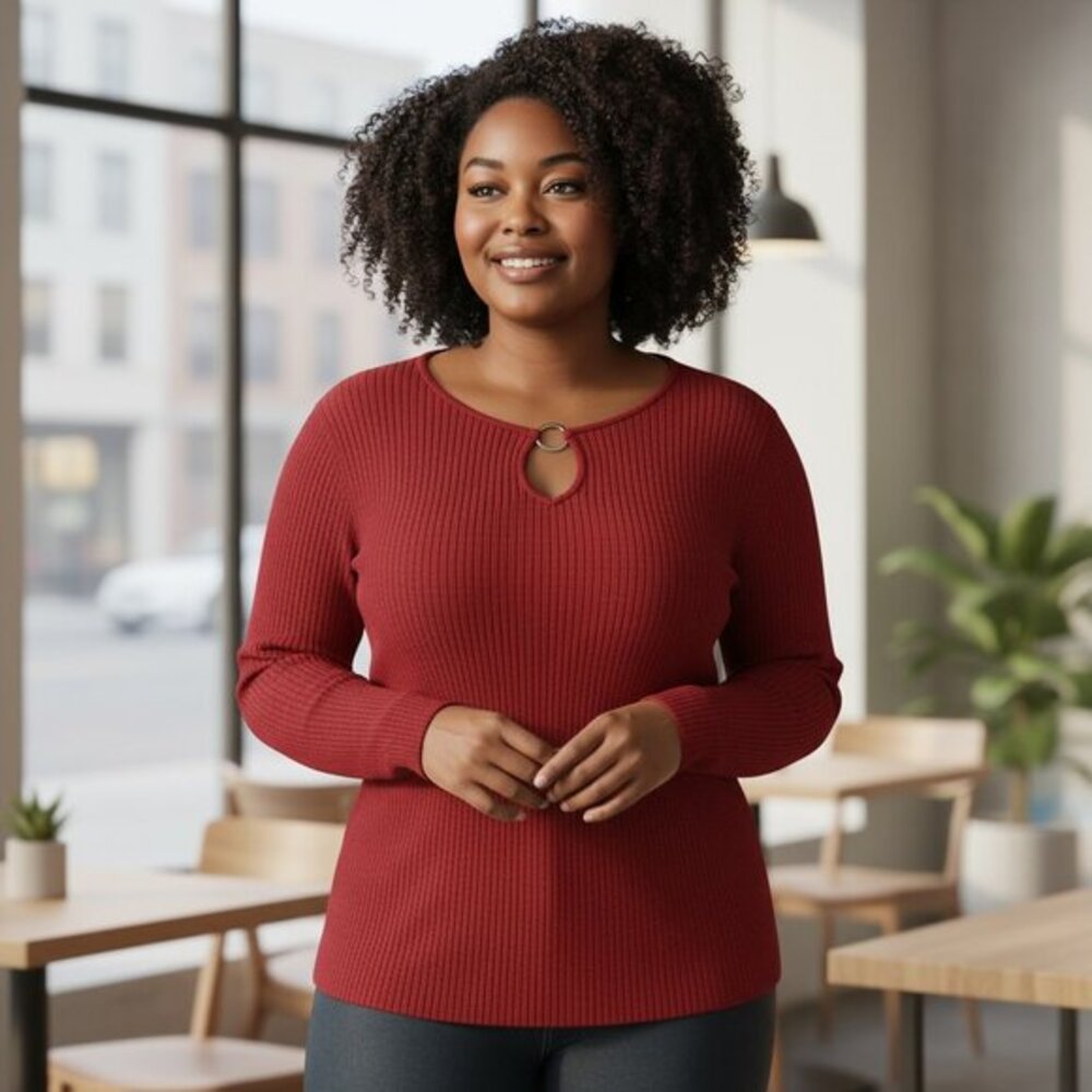 Lane Bryant‎ Plus Size Red Sweater 18/20 | Keyhole Ring Neck Long Sleeve Ribbed